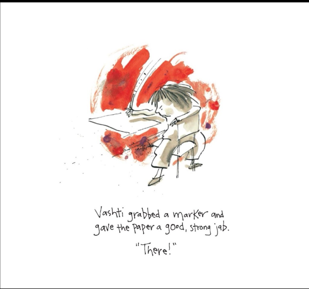 为什么我说愤怒？Vashti背景图有个大红圈，加上作者把她的表情画得气噗噗的模样。或许她不喜欢画画，看来她的确心情不怎么好呢！